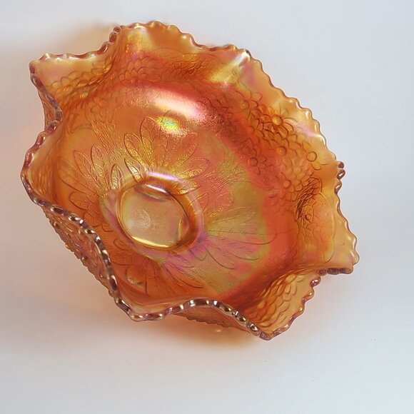Fenton Orange Tree 4 Foot Marigold Iridescent Carnival Glass Ruffled Bowl 10" - Picture 4 of 15